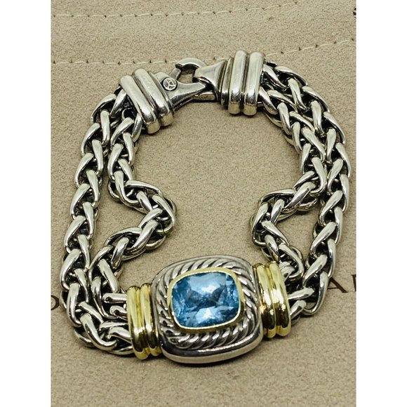 DAVID YURMAN ALBION BLUE TOPAZ DOUBLE WHEAT CABLE STERLING 14K GOLD BRACELET 7.5 - Picture 1 of 14